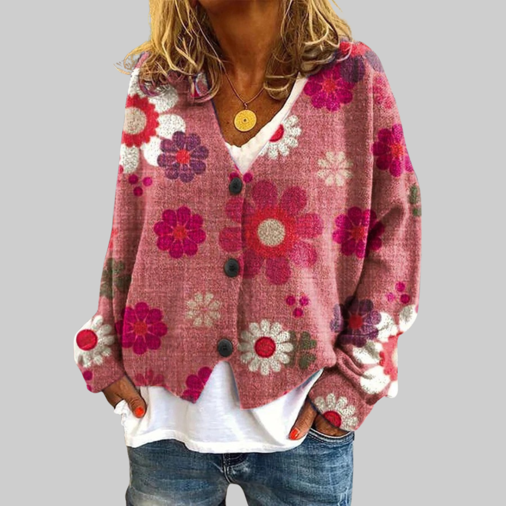 Aurore — Cardigan fleuri en maille douce